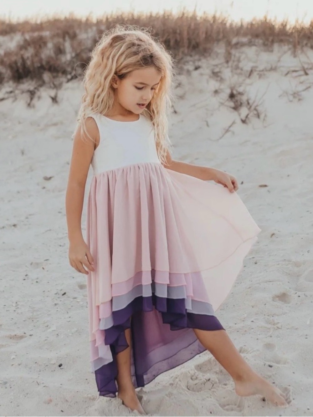 Oopsie Daisy Pink Layered High-Low Chiffon Dress with Purple Tiers